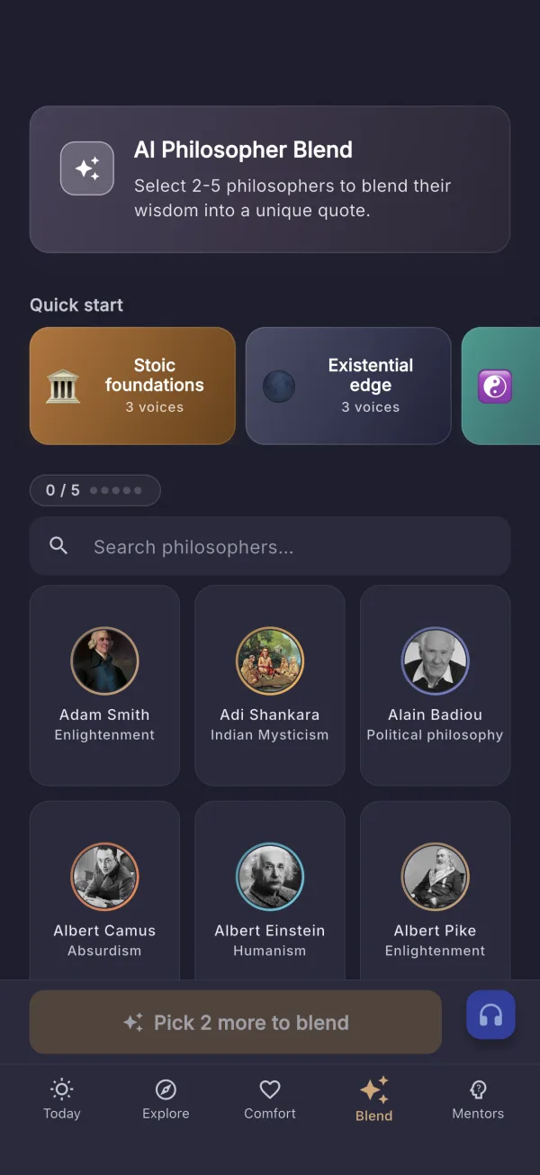 Philo on iPhone — AI philosopher blend (dark mode)