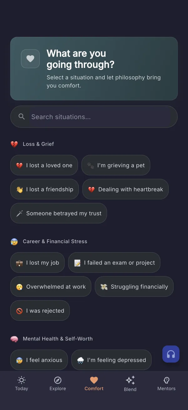 Philo on iPhone — comfort by situation (dark mode)