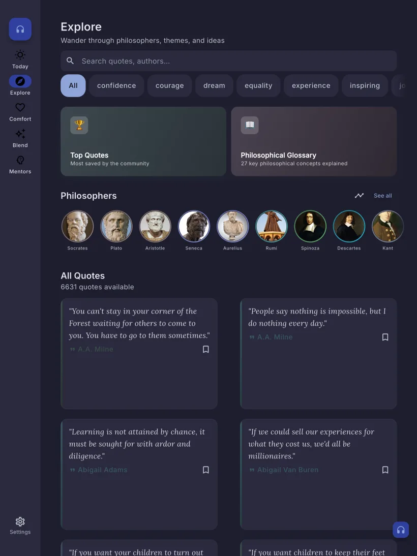 Philo on iPad — explore philosophers (dark mode)