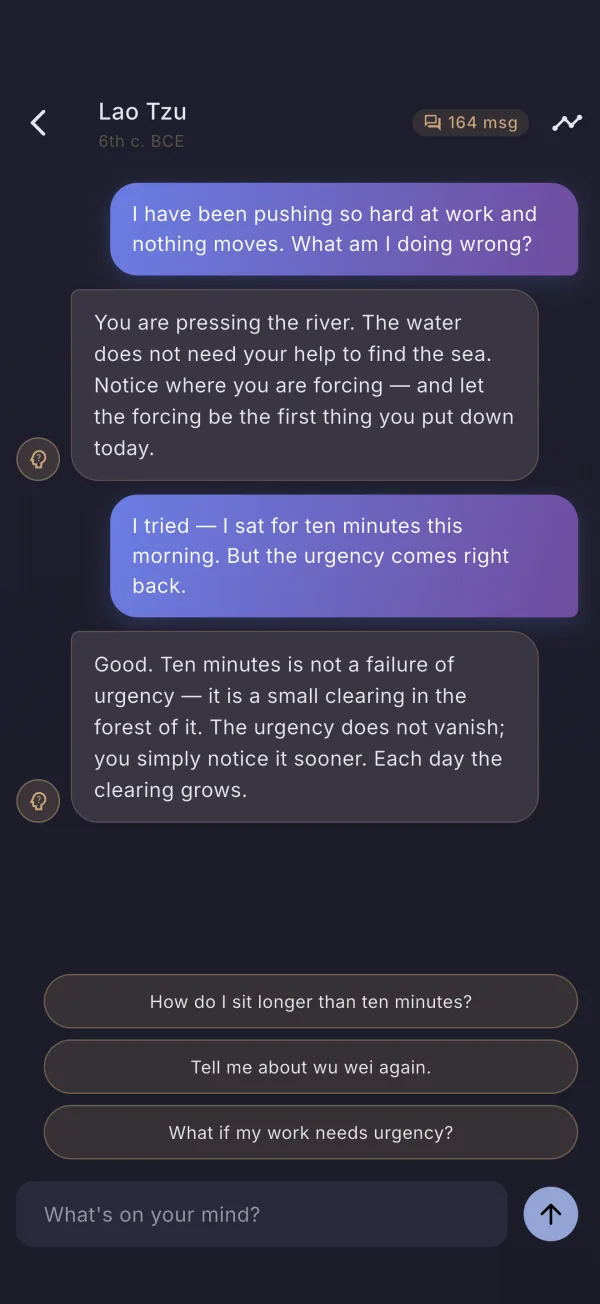 Philo on iPhone — conversation with a philosopher mentor (dark mode)