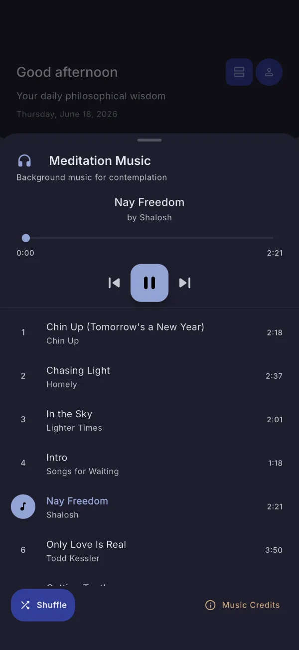 Philo on iPhone — meditation music (dark mode)