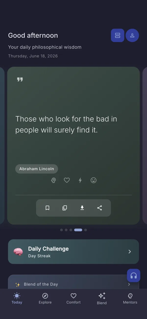 Philo on iPhone — daily quote (dark mode)