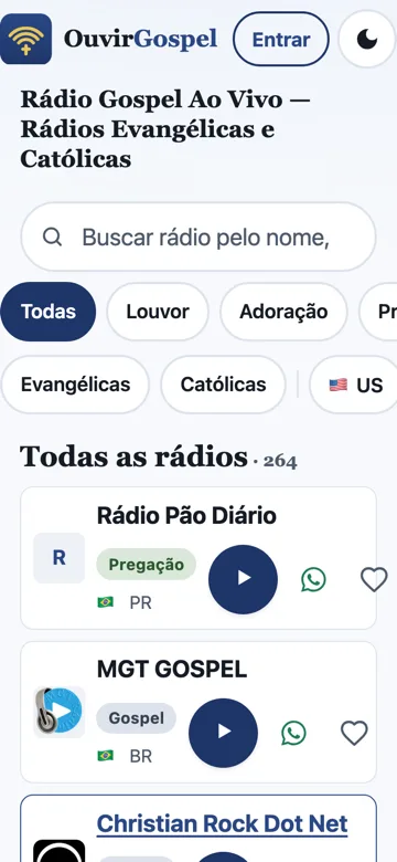 OuvirGospel on a phone — the same catalogue laid out for one-handed use