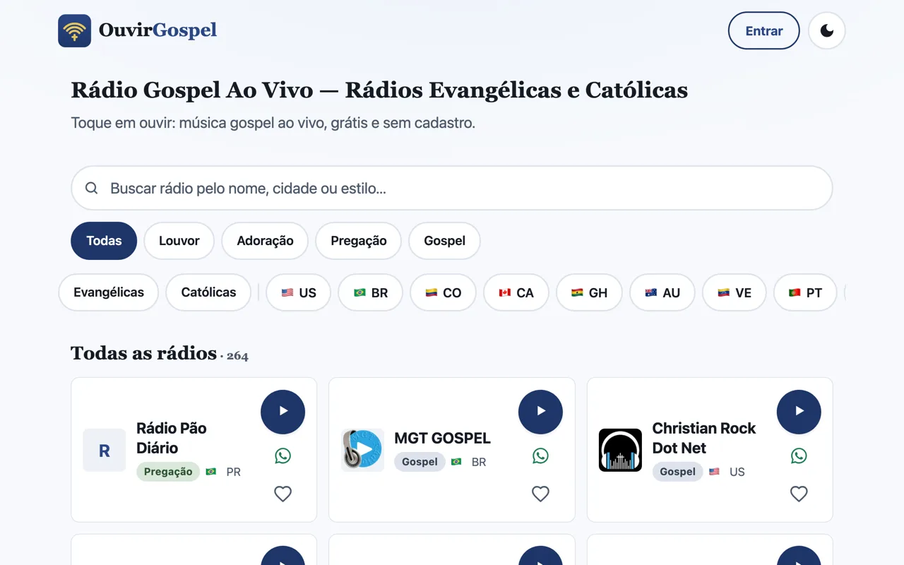 OuvirGospel home page on desktop — search, style and country filters, and the station grid